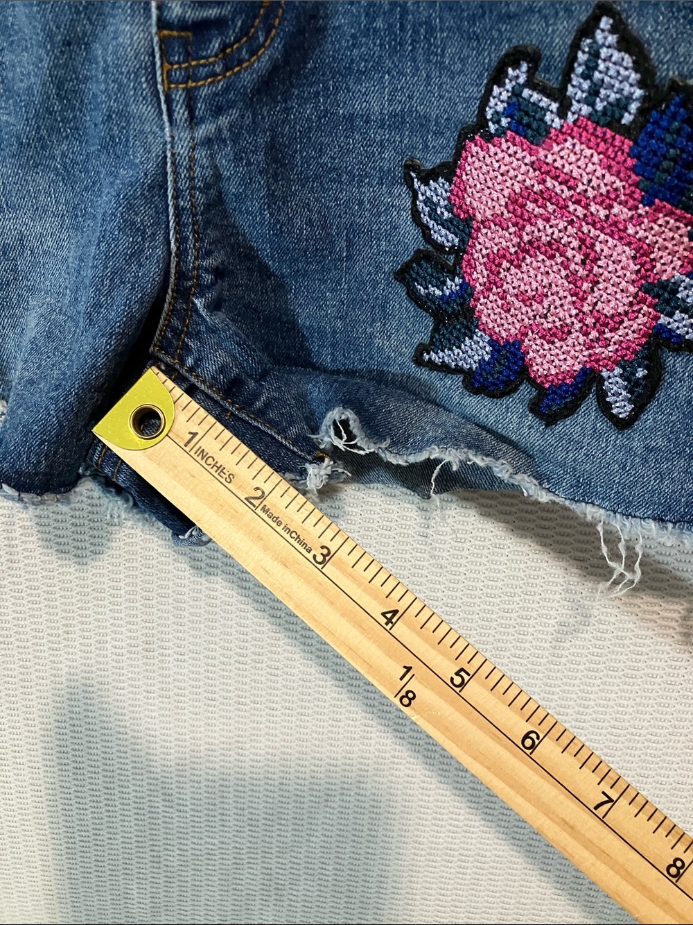 kidpik Dark Blue Denim Shorts with Pink Floral Sequin Patches - Picture 6 of 10